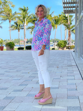 PINK PALM TREE 3/25 RUFFLE TOP - Cathys Place