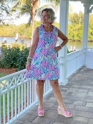 PINK PALM TREE BEACH RUFFLE DRESS