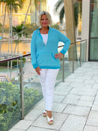 AQUA STRIPE ZIPPER SWEATER