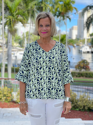 GREEN AND NAVY PALM BELL SLEEVE