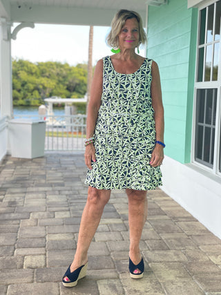 GREEN AND NAVY PALM LAYERED RUFFLE DRESS