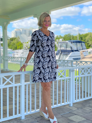 NAUTICAL LANE ELBOW SLEEVE DRESS - Cathys Place