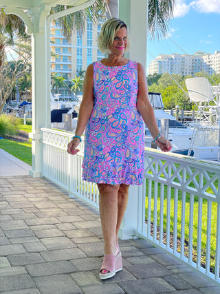 CAROLINA PAISLEY SHIFT RUFFLE DRESS