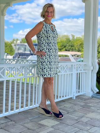 GREEN NAVY PALM KEYHOLE DRESS - Cathys Place