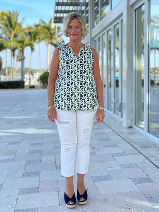 GREEN NAVY PALM SLEEVELESS RUFFLE TOP