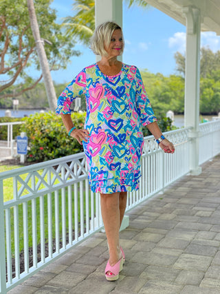SECRET LOVE HEARTS RUFFLE SLEEVE DRESS