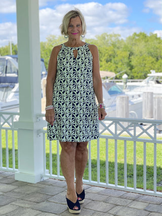 GREEN NAVY PALM KEYHOLE DRESS