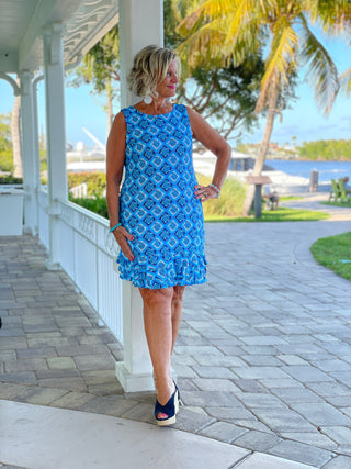 BAHAMA BLUE SHIFT RUFFLE DRESS