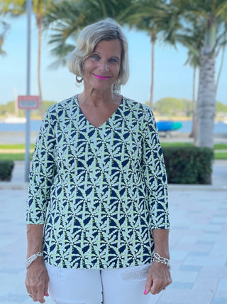 GREEN AND NAVY V-NECK TOP - Cathys Place