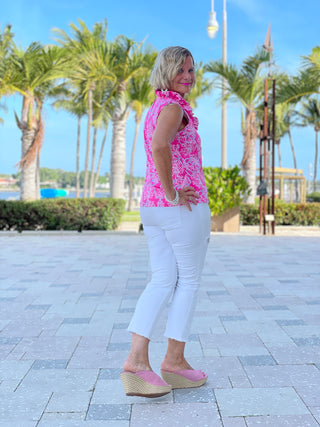 PINK LANE SLEEVELESS RUFFLE TOP