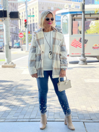 BLUE/CREAM PLAID FAUX FUR JACKET OR COAT