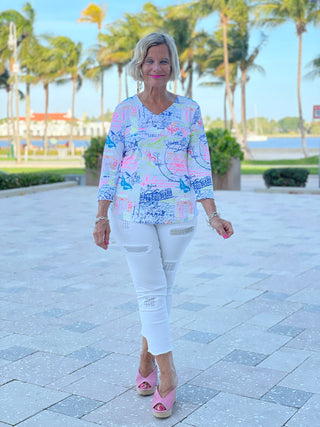 POST CARDS OF LOVE V-NECK TOP - Cathys Place