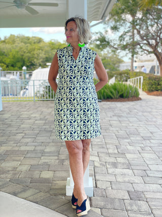 GREEN AND NAVY PALM COLLAR DRESS