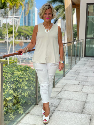 TAILORED STONE V- NECK TOP - Cathys Place