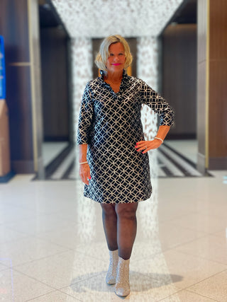 LULU-B BLACK LEME SILVER RUFFLE DRESS