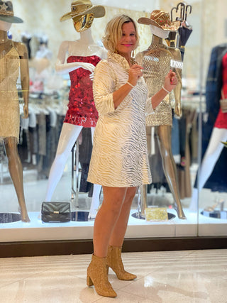 LULU-B WHITE LEME GOLD RUFFLE DRESS