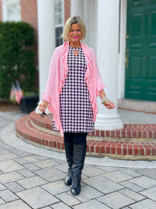 PINK AND BLACK HOUNDSTOOTH KEYHOLE DRESS