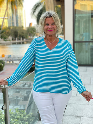 AQUA STRIPE V NECK SWEATER