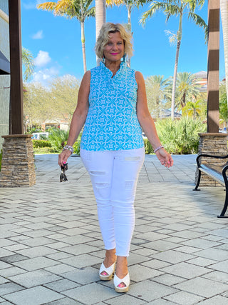 OCEAN MILE SLEEVELESS RUFFLE TOP - Cathys Place