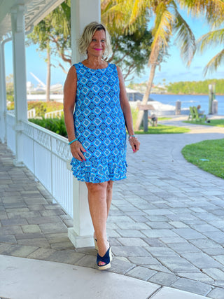 BAHAMA BLUE SHIFT RUFFLE DRESS