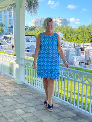 BAHAMA BLUE SHIFT RUFFLE DRESS