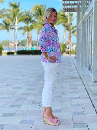 PINK PALM TREE 3/25 RUFFLE TOP - Cathys Place
