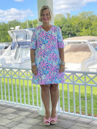 PINK PALM TREE ELBOW SLEEVE DRESS - Cathys Place