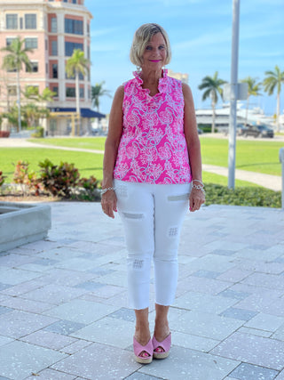 PINK LANE SLEEVELESS RUFFLE TOP