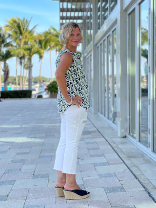 GREEN AND NAVY SLEEVELESS PALM TOP