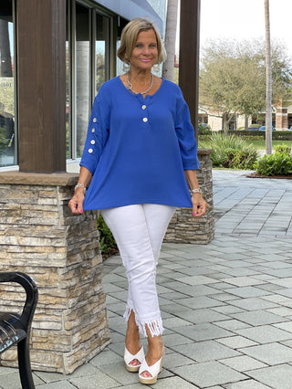 BLUE WAFFLE 3 BUTTON TOP - Cathys Place