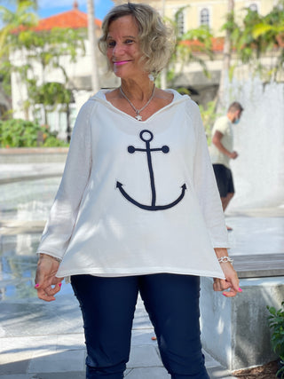 CHENILLE WHITE ANCHOR HOODED SWEATER