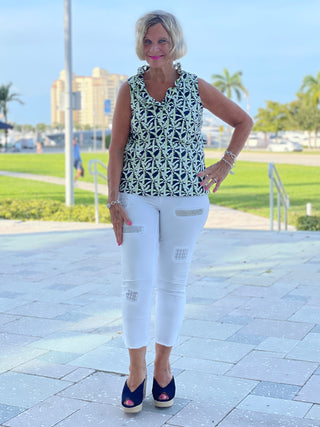 GREEN NAVY PALM SLEEVELESS RUFFLE TOP - Cathys Place