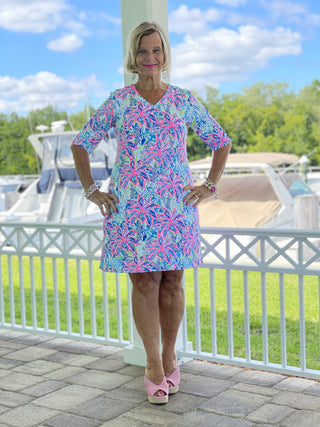 PINK PALM TREE ELBOW SLEEVE DRESS