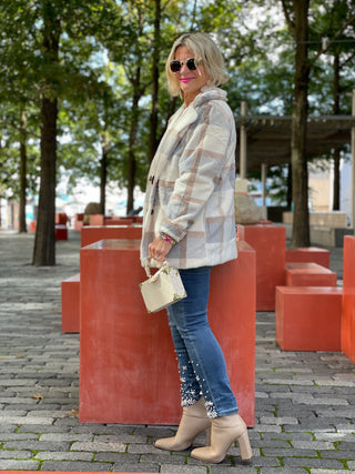 BLUE/CREAM PLAID FAUX FUR JACKET OR COAT
