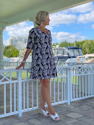 NAUTICAL LANE ELBOW SLEEVE DRESS - Cathys Place