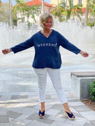 CHENILLE HOODED NAVY WEEKEND SWEATER