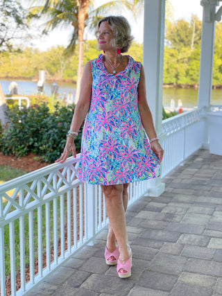 PINK PALM TREE BEACH RUFFLE DRESS