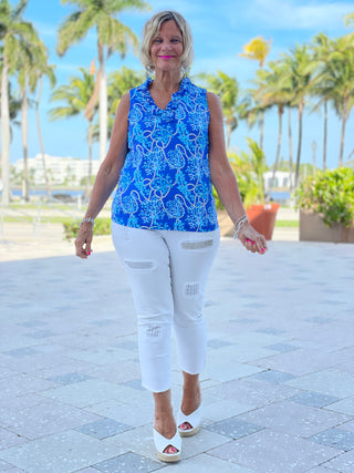 AQUA LANE SLEEVELESS RUFFLE TOP