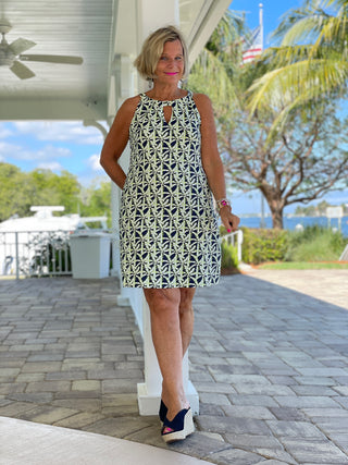 GREEN NAVY PALM KEYHOLE DRESS