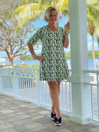 GREEN NAVY PALM ELBOW SLEEVE DRESS