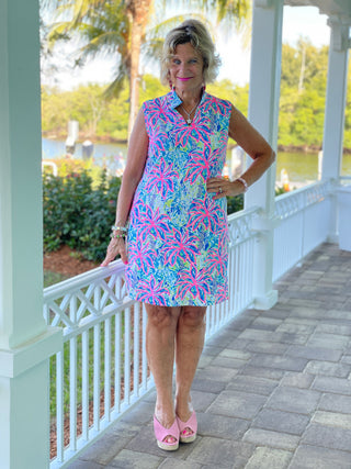 PINK PALM TREE BEACH COLLAR DRESS