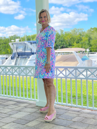 PINK PALM TREE ELBOW SLEEVE DRESS - Cathys Place