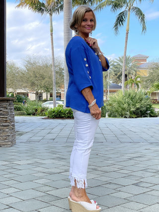 BLUE WAFFLE 3 BUTTON TOP - Cathys Place