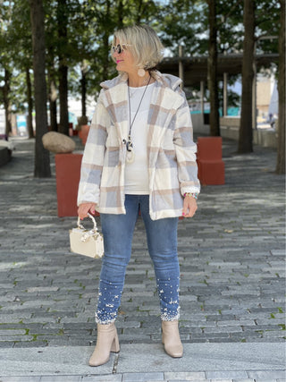 BLUE/CREAM PLAID FAUX FUR JACKET OR COAT