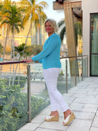 AQUA STRIPE V NECK SWEATER