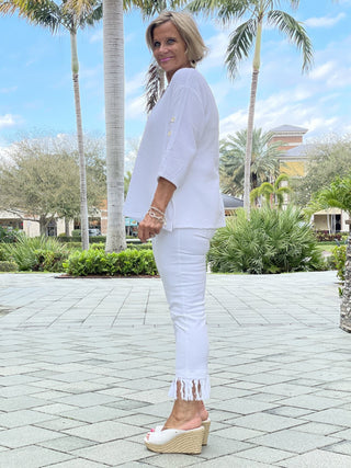 WHITE WAFFLE  3 BUTTON TOP