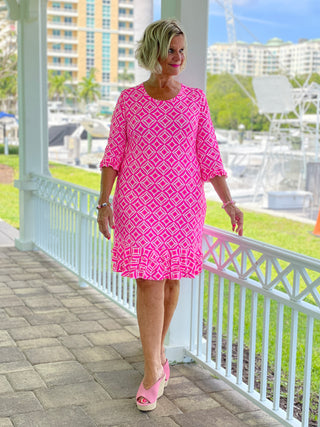 PINK DIAMOND SLEEVE RUFFLE DRESS