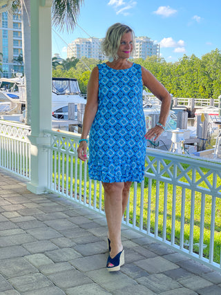 BAHAMA BLUE SHIFT RUFFLE DRESS