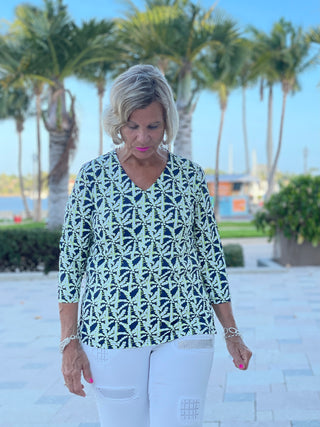GREEN AND NAVY V-NECK TOP - Cathys Place