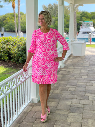 PINK DIAMOND SLEEVE RUFFLE DRESS